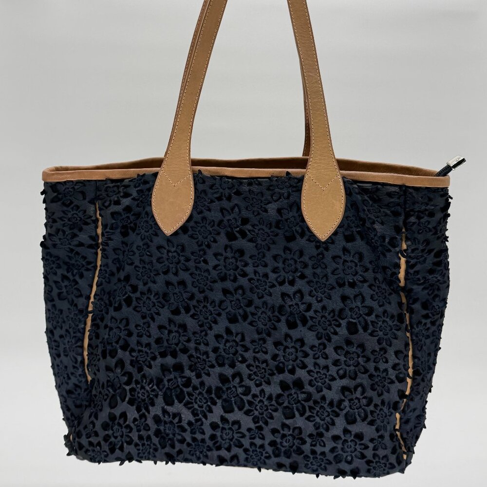 John F. Navy Blue and Tan Leather Bag (Vintage)